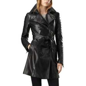 Double Breasted Black Leather Long Coat