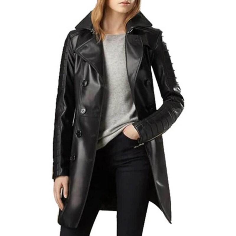 Double Breasted Black Leather Long Coat