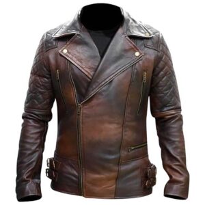 Men's Brando Classic Vintage Cafe Racer Cross Zip Quilted Black & Brown Biker Genuine Real Sheepskin Leather Jacket