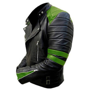Men's Biker Black Green Leather Jacket Brando Black Green Stripes Leather Jacket