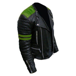 Men's Biker Black Green Leather Jacket Brando Black Green Stripes Leather Jacket