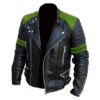 Men's Biker Black Green Leather Jacket Brando Black Green Stripes Leather Jacket