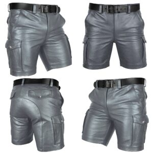 Mens Real Gray Leather Cargo Shorts