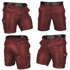 Mens Real Maroon Leather Cargo Shorts