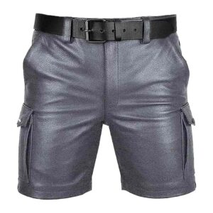 Men's Cargo Club Wear Leather Shorts Men's Belted Cargo Style Club Wear Shorts Casual Shorts with 6 Pockets