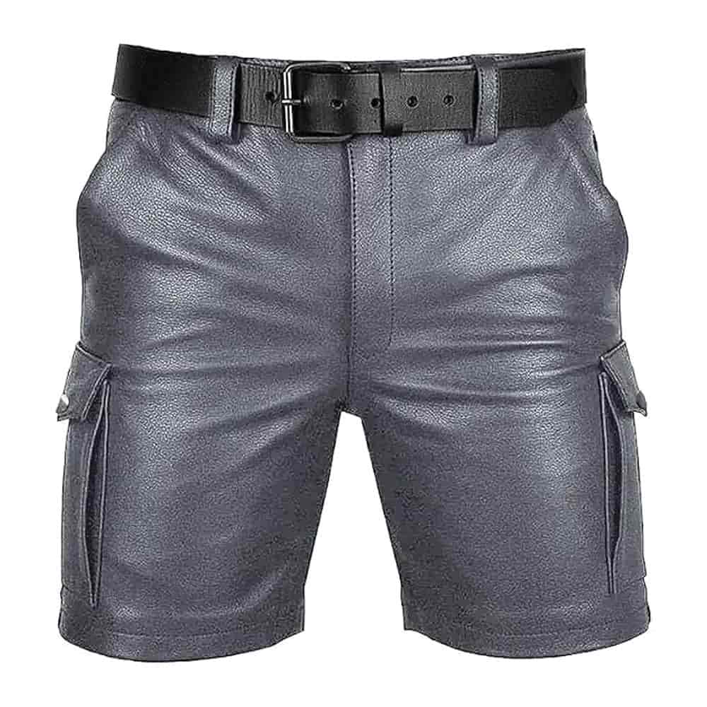 Men's Cargo Club Wear Leather Shorts Men's Belted Cargo Style Club Wear Shorts Casual Shorts with 6 Pockets