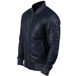 Men's Dark Blue Leather Bomber Jacket