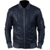 Men's Dark Blue Leather Bomber Jacket