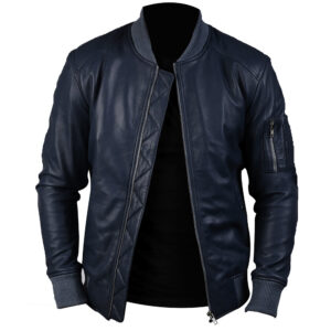 Men's Dark Blue Leather Bomber Jacket