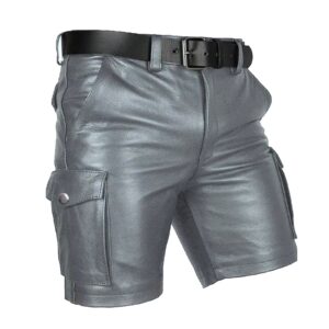 Mens Real Gray Leather Cargo Shorts