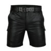 Mens Real Black Leather Cargo Shorts