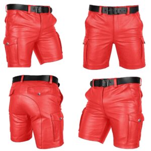 Mens Real Red Leather Cargo Shorts