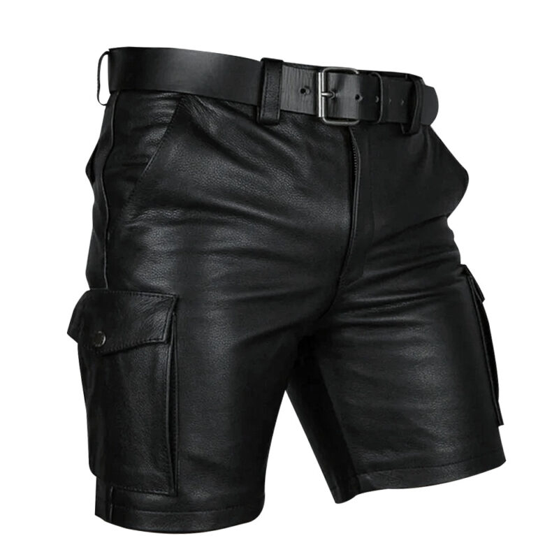 Double Front Zipper Real Sheepskin Black Leather Cargo Shorts For Men