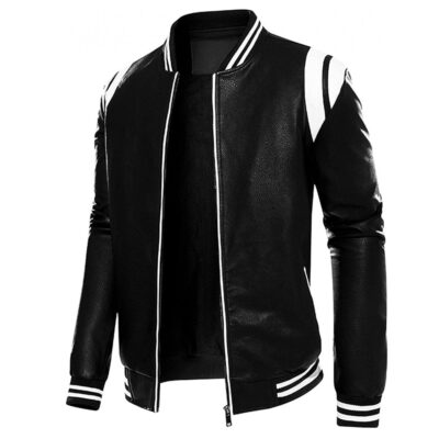 Men's Slim Fit Varsity Bomber Jacket Black Leather Biker Jacket