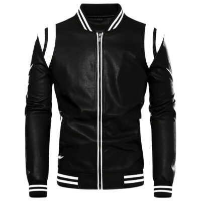 Men's Slim Fit Varsity Bomber Jacket Black Leather Biker Jacket
