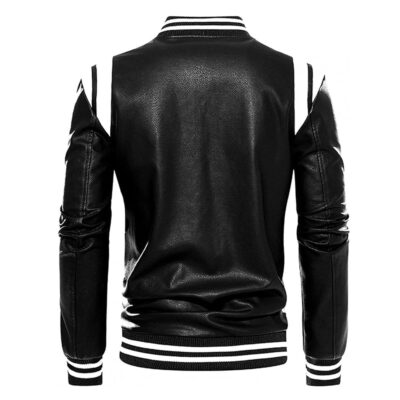Men's Slim Fit Varsity Bomber Jacket Black Leather Biker Jacket