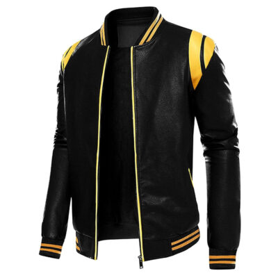 Men's Slim Sporty Varsity Leather Jacket Biker Bomber