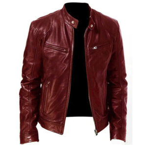 Mens Biker Vintage Maroon Leather Jacket Cafe Racer