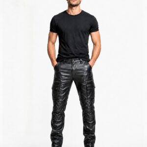 Mens Black Leather Cargo Pants