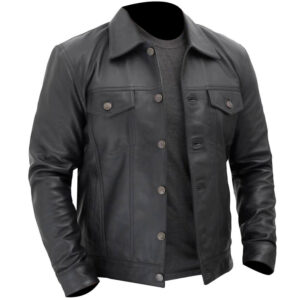 Men's Black Leather Trucker Jacket Men's Denim Style Black Leather Jacket