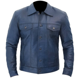 Men's Blue Leather Trucker Jacket