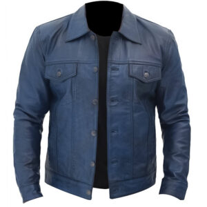 Men's Blue Leather Trucker Jacket