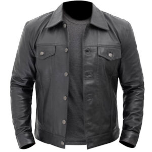 Men's Black Leather Trucker Jacket Men's Denim Style Black Leather Jacket