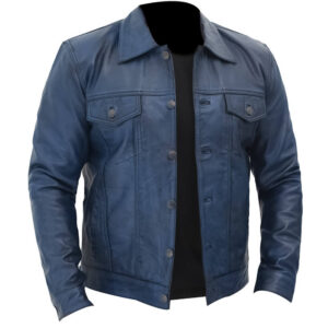 Men's Blue Leather Trucker Jacket