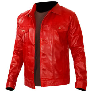 Men's Stylish Red Leather Trucker Jacket