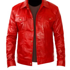 Men's Stylish Red Leather Trucker Jacket