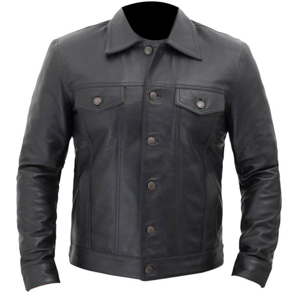 Men's Black Leather Trucker Jacket Men's Denim Style Black Leather Jacket