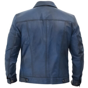 Men's Blue Leather Trucker Jacket