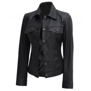 Women's Black Leather Trucker Jacket Women's Stylish Black Leather Jacket