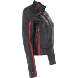 Women's Red Stripes Black Leather Jacket
