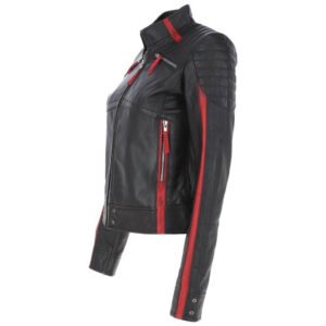 Women's Red Stripes Black Leather Jacket