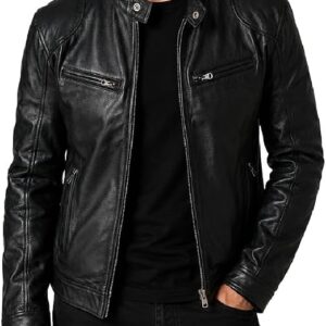 Mens Real Leather Biker Jacket Motorcycle Bomber Black Vintage Cafe Racer Quilted Style Genuine Leather Jacket For Mens