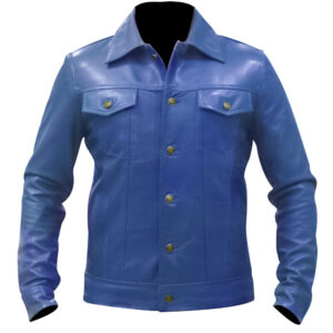 Men's Royal Blue Leather Trucker Jacket