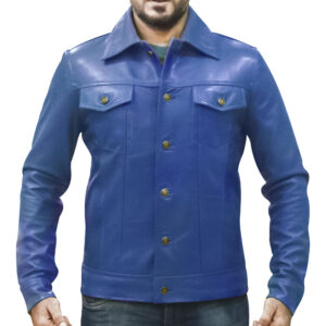 Men's Royal Blue Leather Trucker Jacket