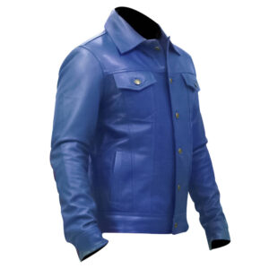 Men's Royal Blue Leather Trucker Jacket