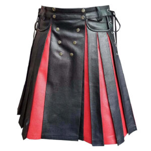 Men's Black Red Gladiator Pleated Leather Kilt