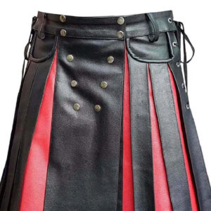 Men's Black Red Gladiator Pleated Leather Kilt