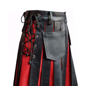 Men's Black Red Gladiator Pleated Leather Kilt
