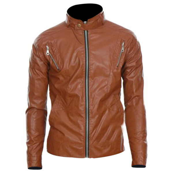 Men's Stand Collar Brown Leather Jacket