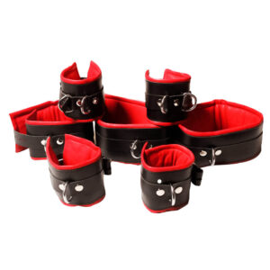 7 Piece Restraints Leather Bondage BDSM For Adults Fetish Play Black With Red