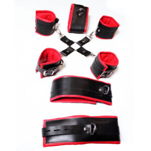 7 Pieces Restraints Leather Bondage BDSM Black With Red For Adults Fetish Play