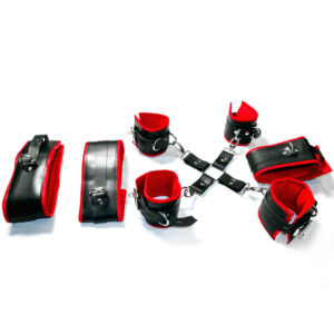 7 Pieces Restraints Leather Bondage BDSM For Adults Fetish Play Black With Red