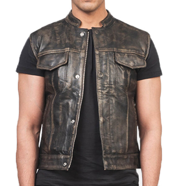 Mens Distressed Brown Moto Leather Club Vest