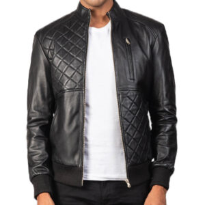 Mens Genuine Black Leather Bomber Jacket