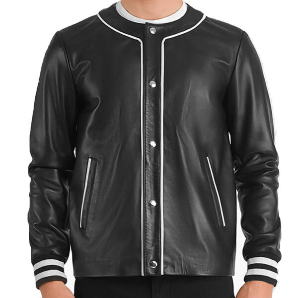 Mens Real Black Leather Varsity Jacket