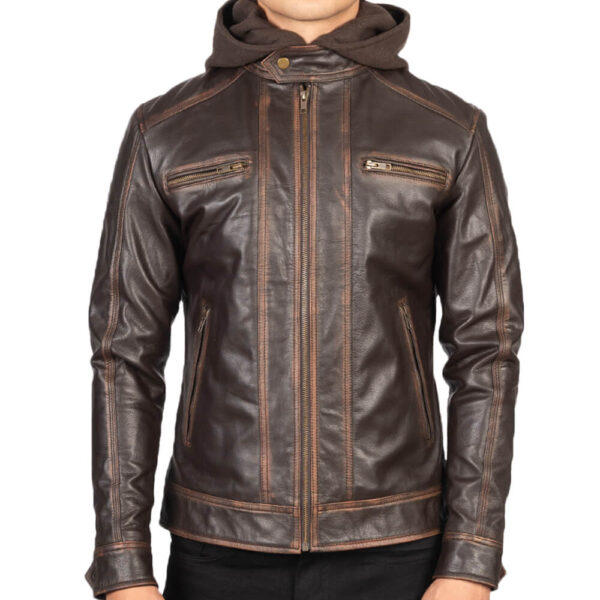 Mens Vintage Brown Hooded Leather Jacket